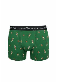 Zielone bawełniane bokserki z zabawnym printem różnych butelek piwa. Czarny pas ze logo "LANČERTO".