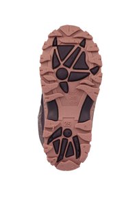 Semelle de chaussure en caoutchouc avec des motifs de semelle profonds et variés pour une meilleure adhérence. Principalement rose avec des accents noir. Taille indiquée comme 25. Surface texturée.