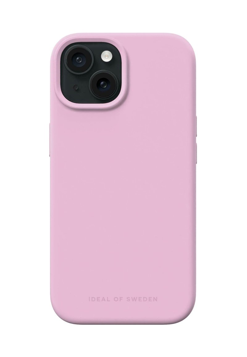 Pink silicone phone case with a smooth texture, designed for camera cutouts, featuring raised edges and "IDEAL OF SWEDEN" branding.
