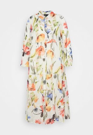 Langes weißes Blumenkleid mit mehrfarbigen Blumen, langen Ärmeln, knöpfbarer Vorderseite, Kragen und Stufenrock.