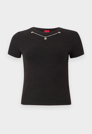 Black short-sleeve ribbed top with scoop neckline and silver chain detail featuring a small "HUGO" pendant.