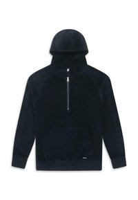 Felpa con cappuccio blu navy, con zip a quarto di giro, dotata di tasca frontale e texture liscia, realizzata in tessuto morbido e con maniche raglan.
