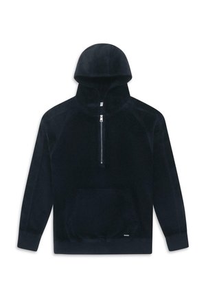 Sudadera con capucha azul marino con cierre de cuarto, que presenta un bolsillo frontal y una textura suave, confeccionada con tela suave y mangas raglán.