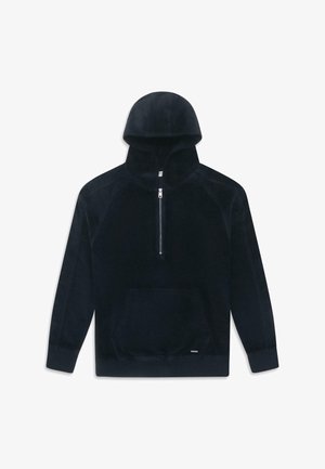 Kapucnis sötétkék pulóver negyed cipzárral, elülső zsebbel és sima textúrával, puha anyagból készült, raglan ujjak jellemzik.