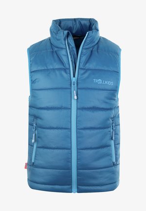 Blau gepolsterte Weste mit hohem Kragen, durchgehendem Reißverschluss und zwei Seitentaschen. Mit logobranding und kontrastierenden Reißverschlussakzenten.