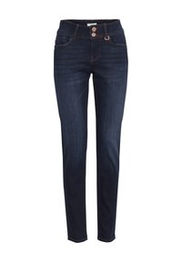 Jeans ajustados azul oscuro con dos botones frontales, trabillas para cinturón y estilo de cinco bolsillos, mostrados sobre un fondo blanco.