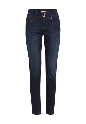 Jean slim bleu foncé avec deux boutons à l'avant, passants pour ceinture et style à cinq poches, présenté sur un fond blanc.