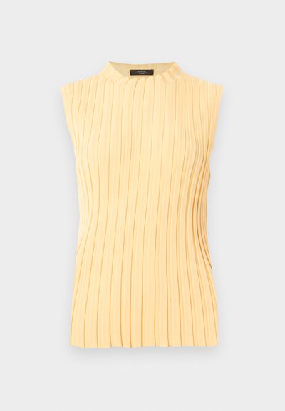 Haut sans manches jaune pâle en maille côtelée avec un col rond haut et des rayures texturées verticales.
