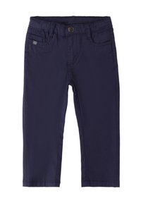 Marineblauwe broek gemaakt van een katoenmix, met een sluiting aan de voorkant met knoop, zakken en een rechte pijpdesign met een lichte rek.