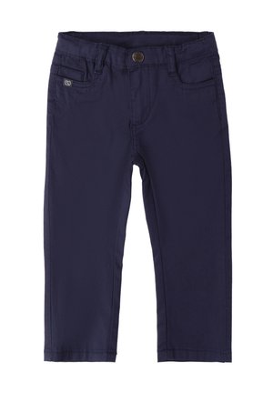 Pantaloni blu navy realizzati in tessuto misto cotone, con chiusura a bottone frontale, tasche e design dritto con leggera elasticità.