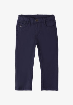 Pantalones azul marino hechos de una mezcla de algodón, con cierre de botón en la parte delantera, bolsillos y un diseño de pierna recta con ligero estiramiento.