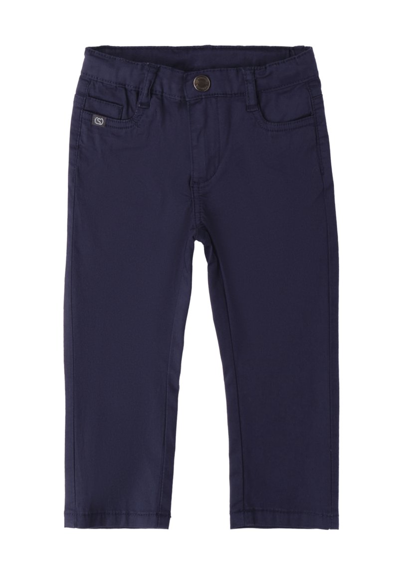 Marineblauwe broek gemaakt van een katoenmix, met een sluiting aan de voorkant met knoop, zakken en een rechte pijpdesign met een lichte rek.