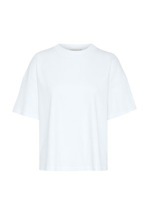 Tricou alb simplu, cu mâneci scurte și croială largă, cu guler rotund, prezentat pe un fundal alb.