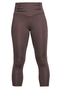 Brown, mid-calf leggings made of smooth, stretchy fabric with a high waistband and subtle gathered detail on the front.