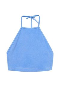 Svijetloplava halter majica od mekog materijala, s vezanjem na leđima, trokutastog oblika i glatke teksture, jednostavnog dizajna.