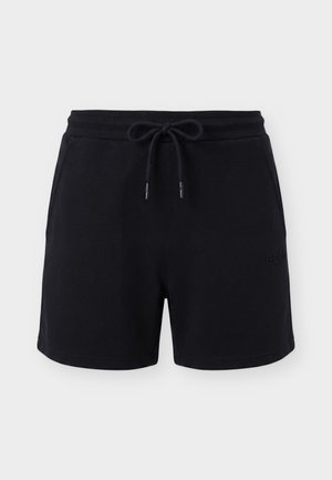 Shorts noirs décontractés avec taille élastique et cordon à l'avant, dotés de poches latérales et d'un texte de marque subtil sur la jambe droite.