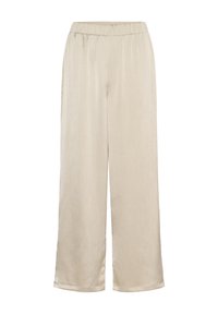 Pantalons évasés en tissu beige clair avec une texture côtelée subtile. Dotés d'une taille élastique pour plus de confort.