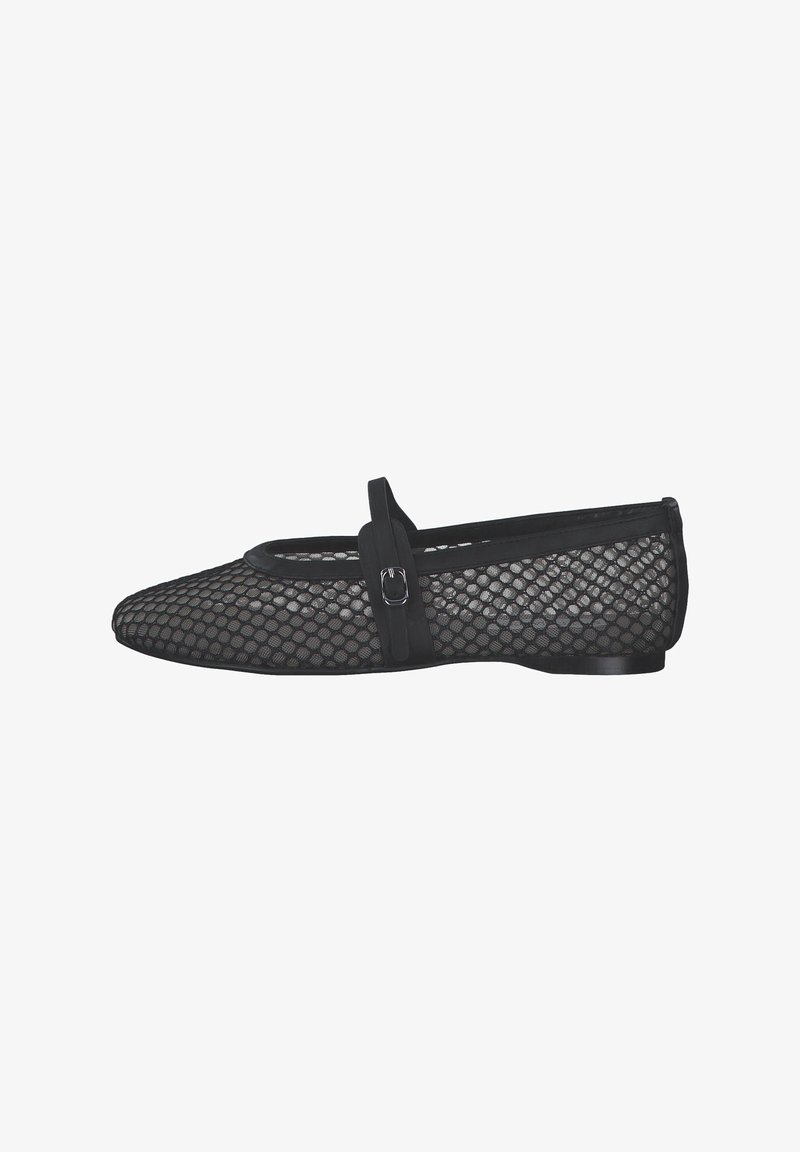Black mesh ballet flats with a rounded toe, featuring a thin strap across the top and a textured pattern. Flat sole with minimal accents.