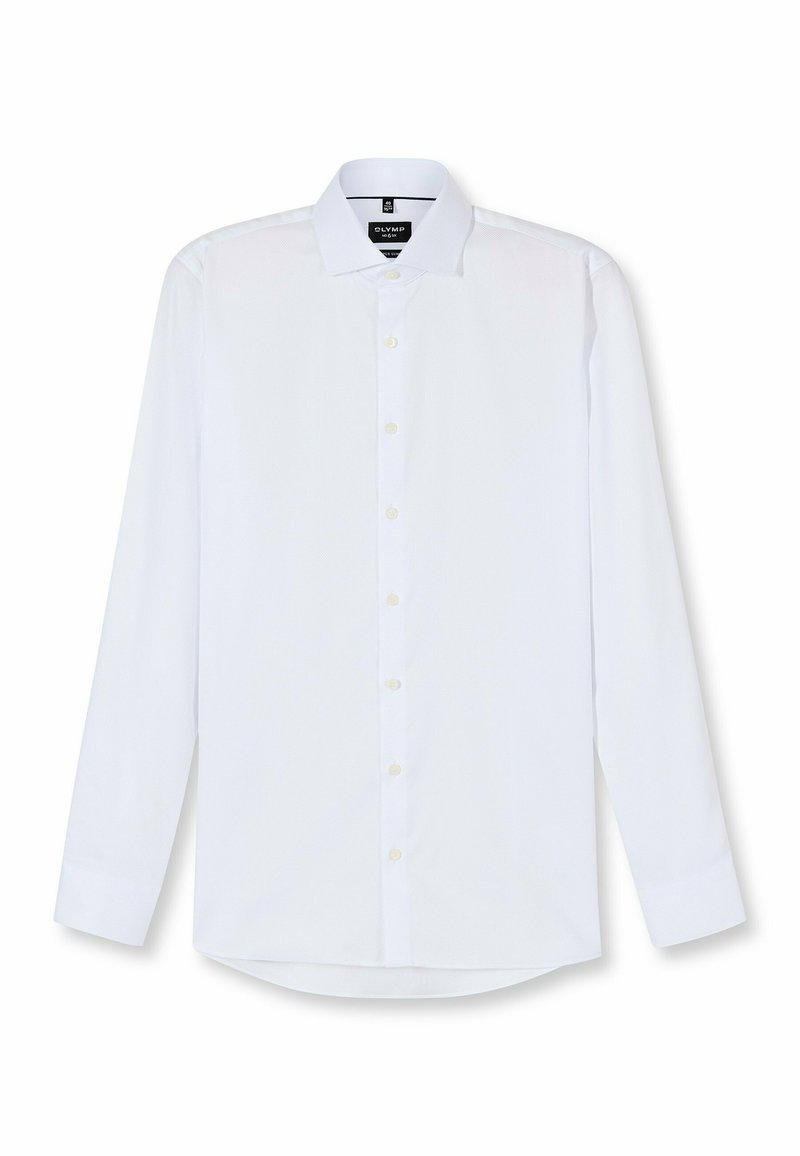 Weißes Langarm-Herrenhemd mit klassischem Kragen, Knopfleiste und Umschlagmanschetten auf weißem Hintergrund flach ausgelegt.