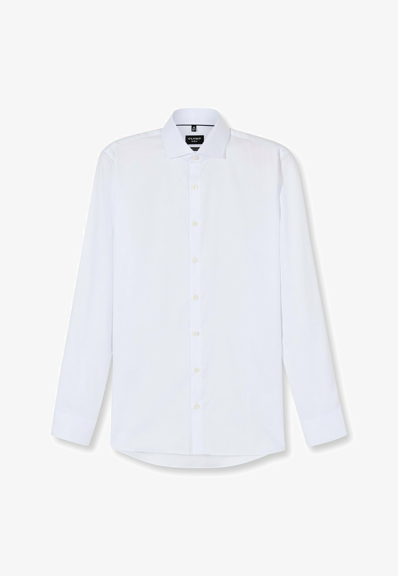 Weißes Langarm-Herrenhemd mit klassischem Kragen, Knopfleiste und Umschlagmanschetten auf weißem Hintergrund flach ausgelegt.