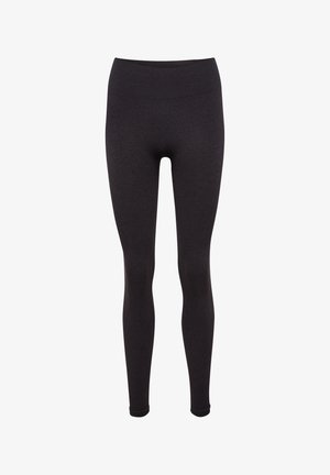 Zwarte, rekbare leggings met een gladde textuur en een hoge tailleband, met een aansluitend ontwerp dat bij de enkels taps toeloopt.