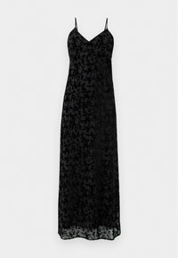 Abito lungo nero con sottili spalline, realizzato in tessuto trasparente con intricate fantasie floreali e scollatura a V.