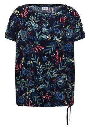 Blusa a maniche corte blu navy con motivo floreale e fogliame multicolore, maniche arricciate e orlo con coulisse regolabile.