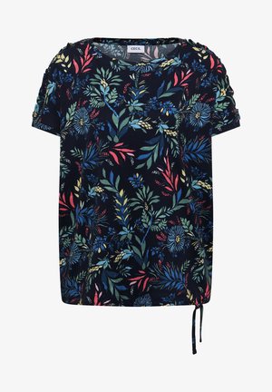 Donkerblauwe blouse met korte mouwen, voorzien van een meerkleurig bloemen- en bladprint, gerimpelde mouwen en een verstelbare trekkoordzoom.