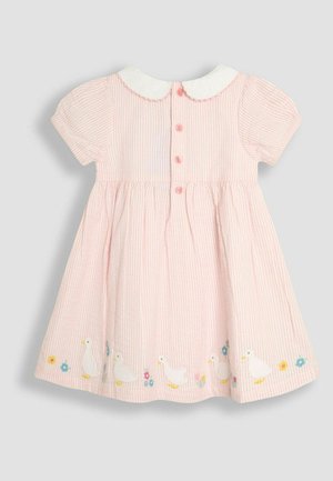 Pink striped dress with short sleeves, white collar, and back button closure. Features embroidered ducks and flowers at the hemline.