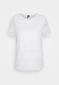 Vit virkad topp med korta ärmar, med mönster av öppen väv och vågig nederdel. Mjuk textur, rund halsringning.