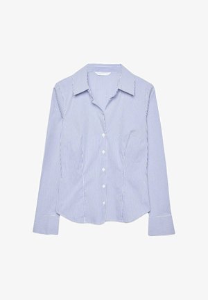 Chemise à boutons à rayures verticales bleu clair et blanches, manches longues avec poignets rayés, col classique et double poche avant.