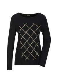 Schwarzes Langarmshirt mit einem diagonalen Diamantmuster aus metallischen Pailletten auf der Vorderseite, runder Ausschnitt, weicher Stofftextur.