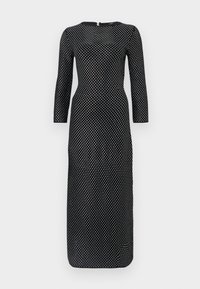 Zwart langmouwend jurk met een ronde halslijn, voorzien van een wit stippenpatroon door het hele ontwerp en een verborgen rits aan de achterkant.