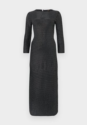 Black long-sleeve dress with a round neckline, featuring a white polka dot pattern throughout and a concealed back zipper.