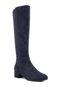 Knee-high navy suede boots with a smooth texture, rounded toe, and a low block heel. Simple design with a sleek silhouette.