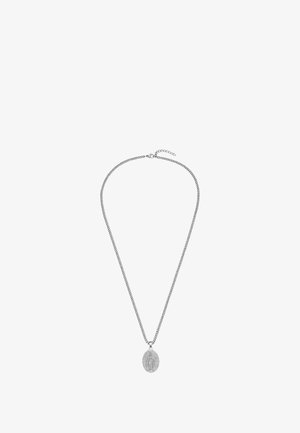 Hõbedane kettkaelakee, millel on ümmargune ripats embosseeritud kujundusega. Kett on tekstureeritud keeratud mustriga ja reguleeritava pikkusega.