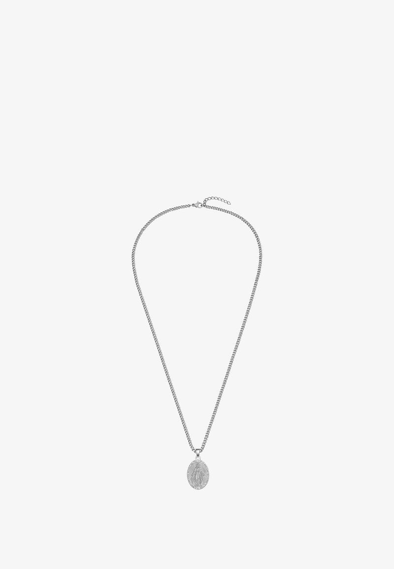 Strieborný náhrdelník s reťazou, ktorý má okrúhly prívesok s embosovaným vzorom. Reťaz má textúrovaný, skrútený vzor a je nastaviteľnej dĺžky.