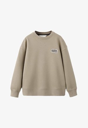 Hanorac bej cu decolteu rotund, umeri căzuți și mâneci lungi cu mansete. Are un logo frontal într-o culoare contrastantă. Textură netedă.