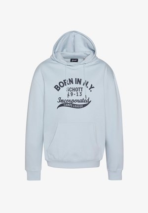 Light blue hoodie with front pocket and black text reading "Born in N.Y. Schott 1913 Incorporated Camps League."