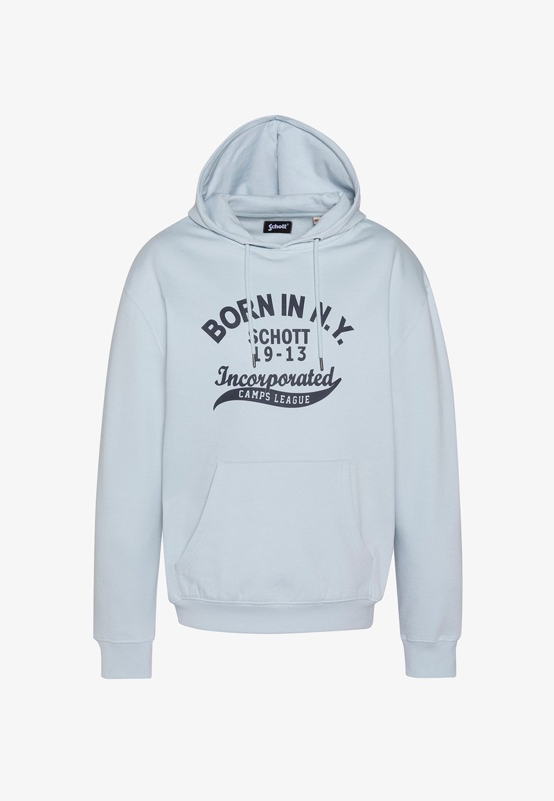 Sweat à capuche bleu clair avec poche avant et texte noir indiquant "Born in N.Y. Schott 1913 Incorporated Camps League."