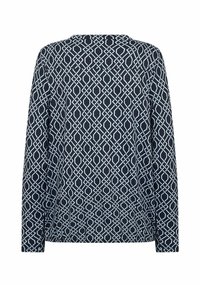 Top s dlhými rukávmi v námorníckej modrej farbe s geometrickým bielym vzorom. Má okrúhly výstrih a mierne predĺžený zadný lem. Mäkká textúra látky.