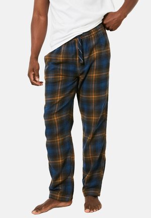 Plaid pajama pants in blue and orange tones, made of soft fabric, featuring an elastic waistband with a drawstring for adjustable fit.