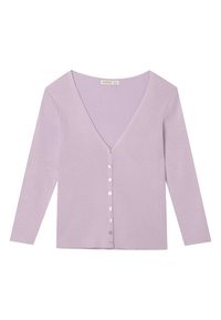 Světlofialový žebrovaný cardigan s hlubokým výstřihem do V, dlouhými rukávy a řadou kovových knoflíků vpředu. Jemná texturu.