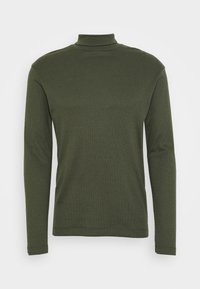 Grøn langærmet polo shirt med ribbet tekstur, der har en høj krave og lige snit, lavet af blødt stof.