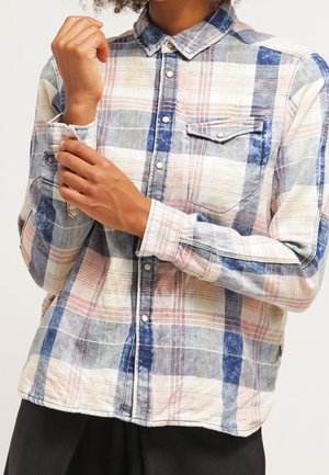 Geruite button-up shirt in een mix van pastelblauw, roze en wit. Lichtgewicht stof met een borstzak en een klassieke kraag.