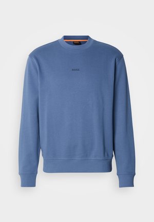 Blue sweatshirt made of soft fabric, featuring a round neck, ribbed cuffs, slight stretch, and a small "BOSS" logo on the front.
