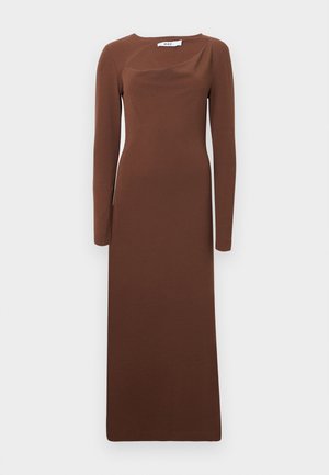 Long-sleeve brown dress made of smooth fabric with a fitted silhouette, featuring a draped neckline and straight hemline.