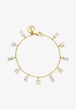 Bracelet chaîne en or avec des pierres précieuses claires rectangulaires et carrées alternées et une étiquette de fermoir ronde avec un emblème "P".