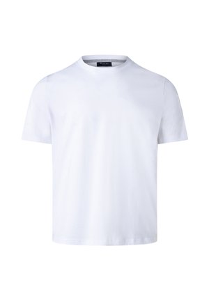 White short-sleeve cotton crewneck T-shirt with a label visible inside the collar against a plain white background.