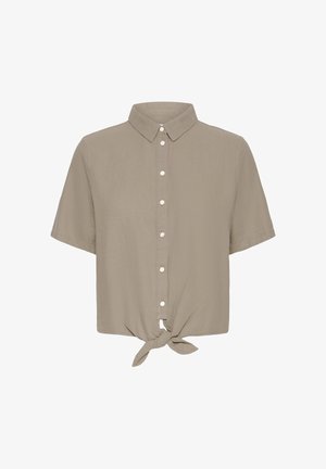 Taupe värvi lühikeste varrukatega nööbitav särk klassikalise kraega ja ees nööriga sõlmega äärel, laiali valgel taustal.